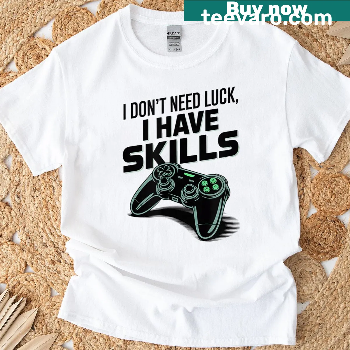 Funny gaming shirt with 'I Don't Need Luck, I Have Skills' text — on a men's t-shirt