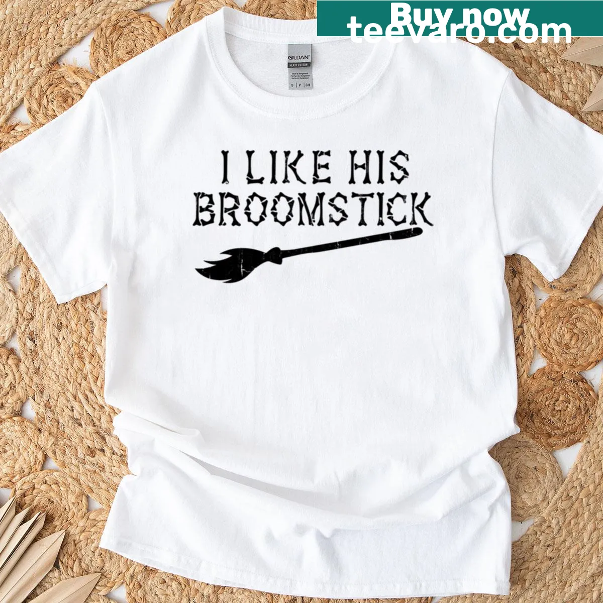 Whimsical T-shirt with the phrase 'I Like His Broomstick' — on a men's t-shirt
