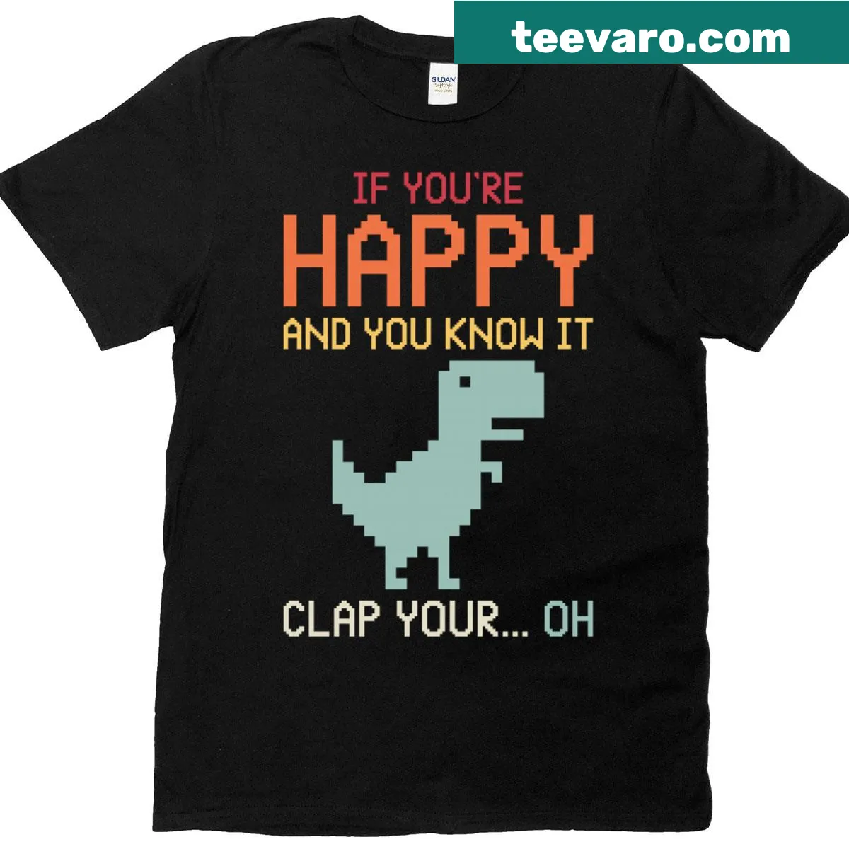 Playful T-shirt with pixel art and humorous text about happiness — on a men's t-shirt