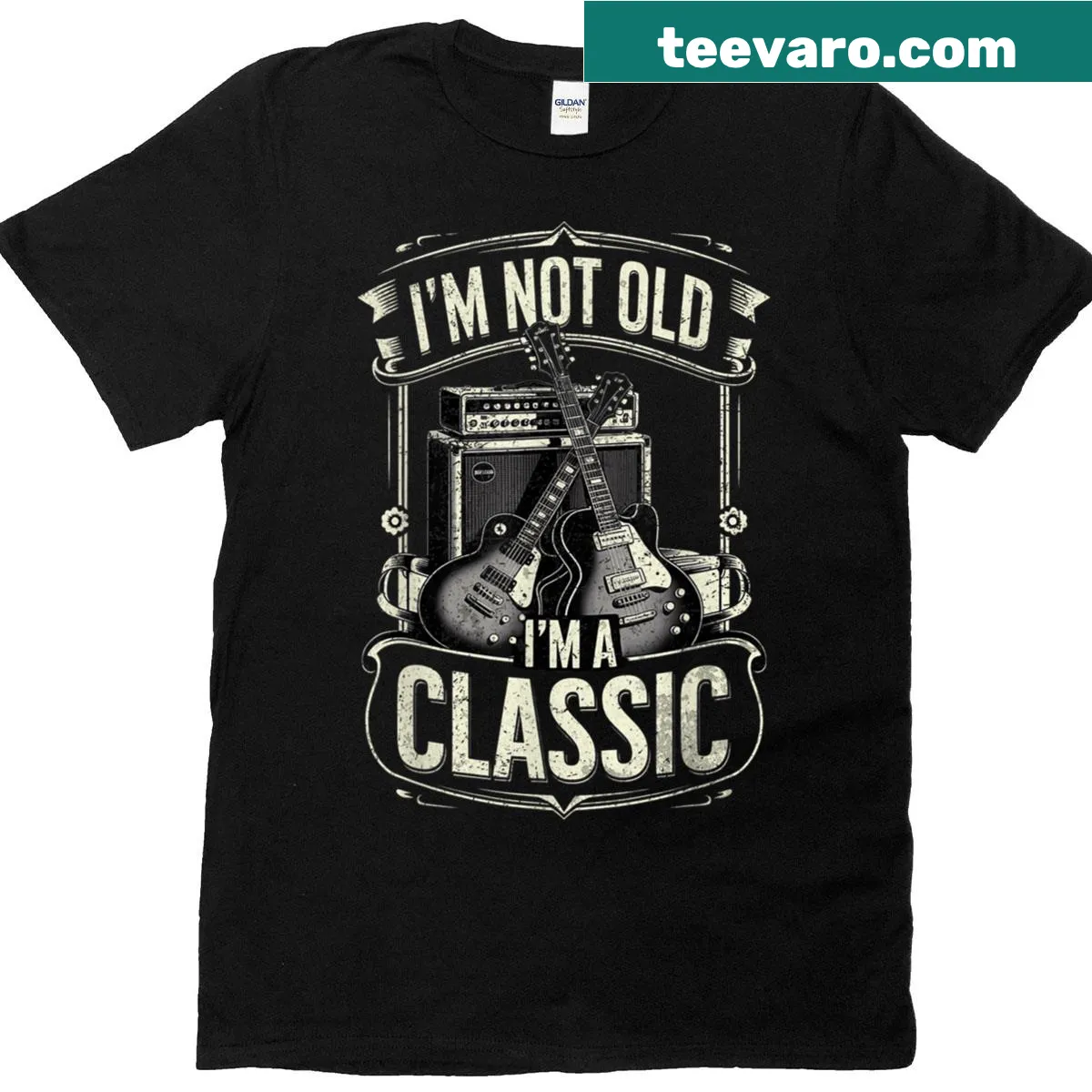 Vintage funny guitarist shirt with retro text and graphic design — on a men's t-shirt