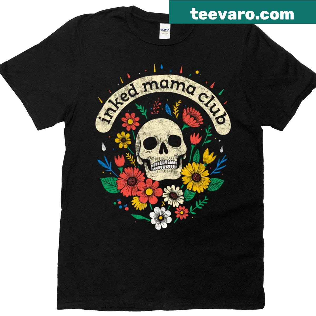 Vintage-style t-shirt for tattooed mothers featuring Inked Mama Club design — on a men's t-shirt