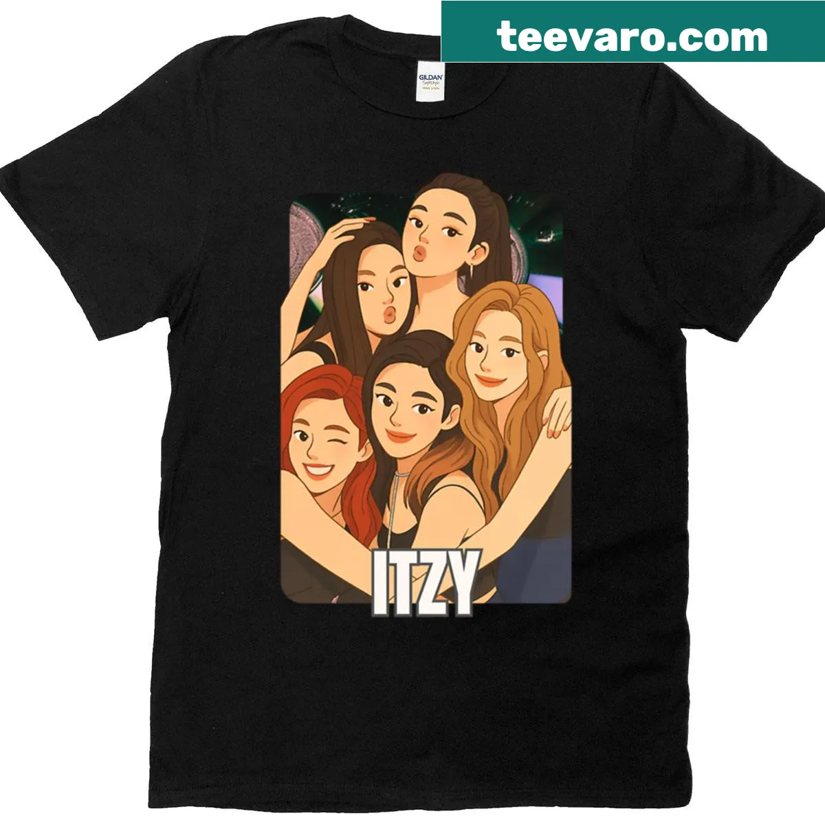 Cartoon collage of Itzy K-pop group's names and illustrations — on a men's t-shirt