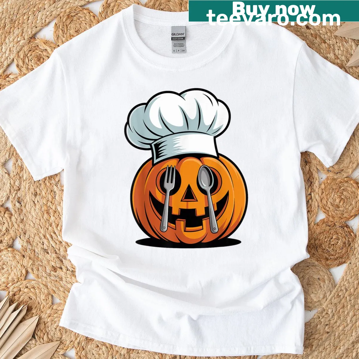 Whimsical jack-o-lantern chef in a kitchen on a Halloween shirt — on a men's t-shirt
