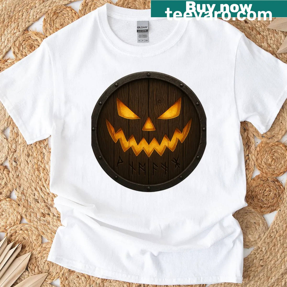 Cartoon Viking pumpkin T-shirt with Halloween design — on a men's t-shirt