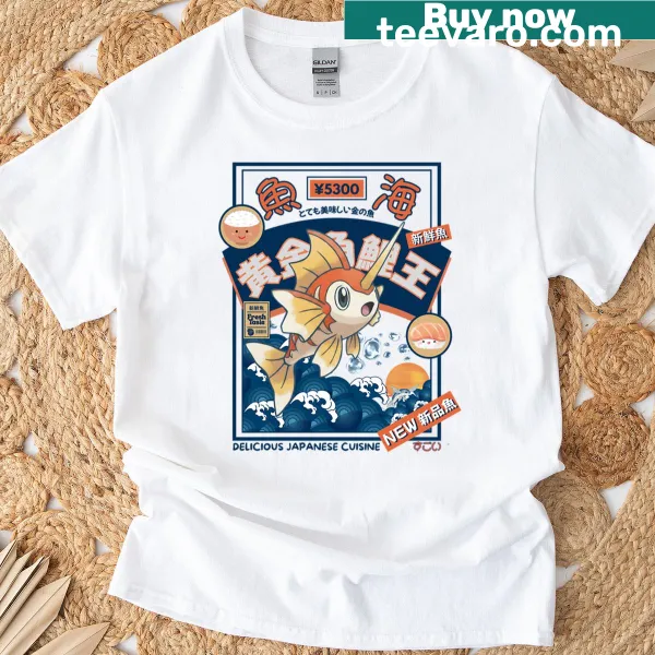 Retro sushi-themed T-shirt featuring playful anime fish graphics