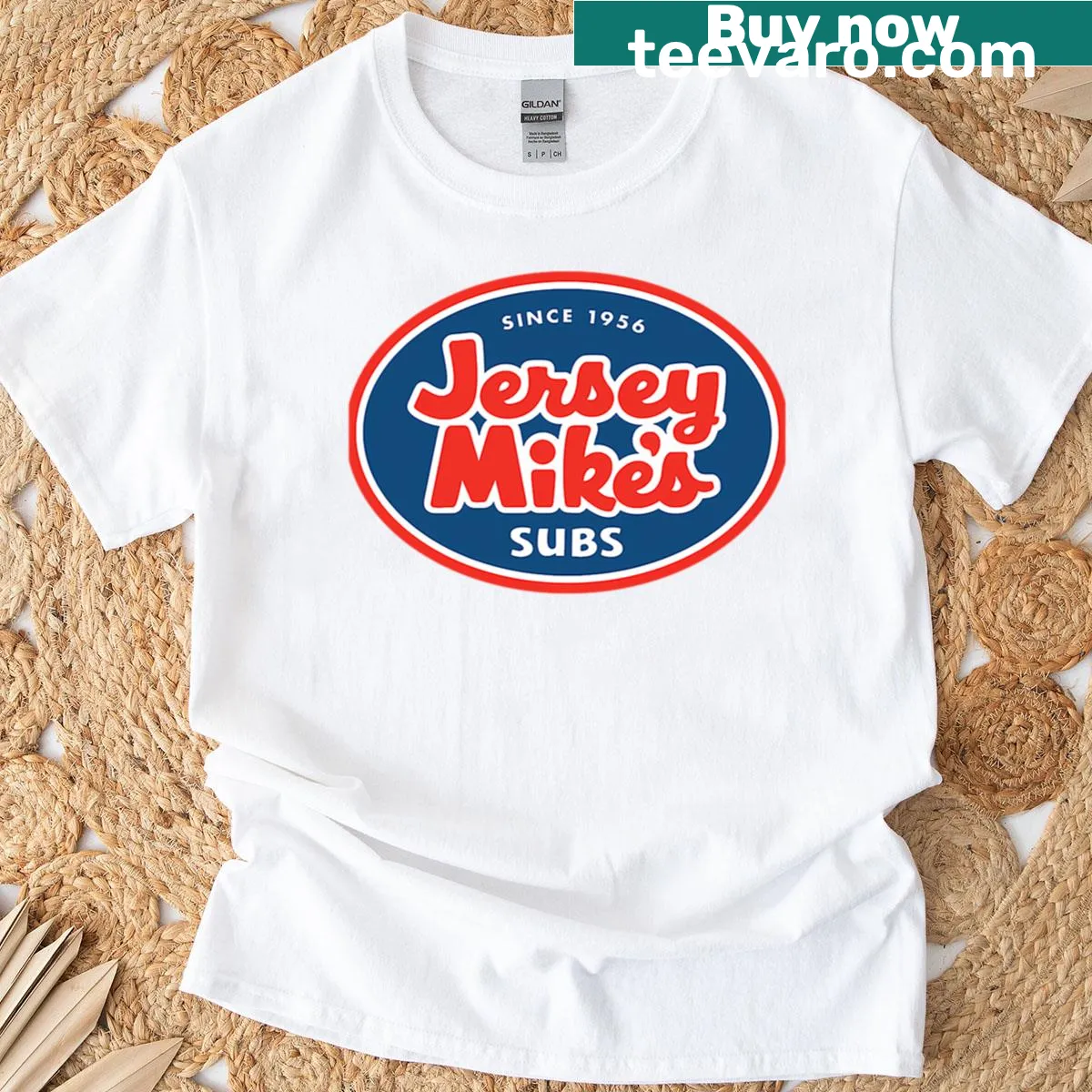 T-shirt featuring the Jersey Mike's logo design — on a men's t-shirt