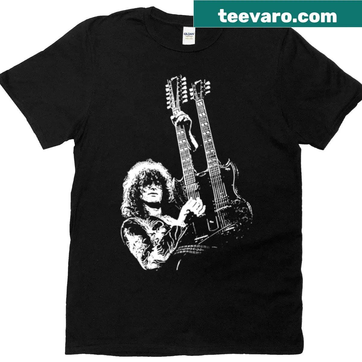 Vintage Jimmy Page fan t-shirt with classic rock design — on a men's t-shirt