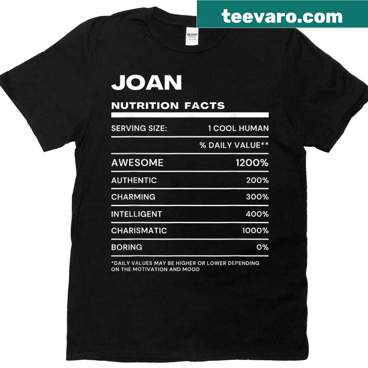 Funny T-shirt with nutrition facts about the name 'Joan' — on a men's t-shirt