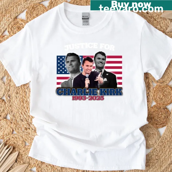 Tribute t-shirt with 'Justice For Charlie Kirk Rest In Peace' text