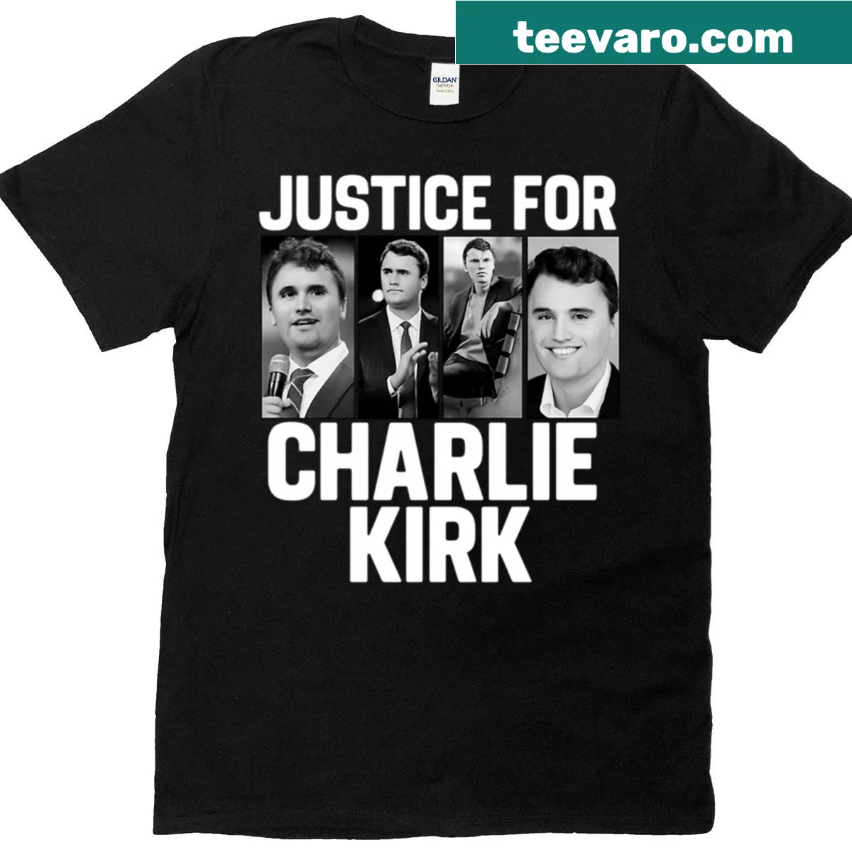 Tribute t-shirt featuring 'Justice For Charlie Kirk Pray' text — on a men's t-shirt