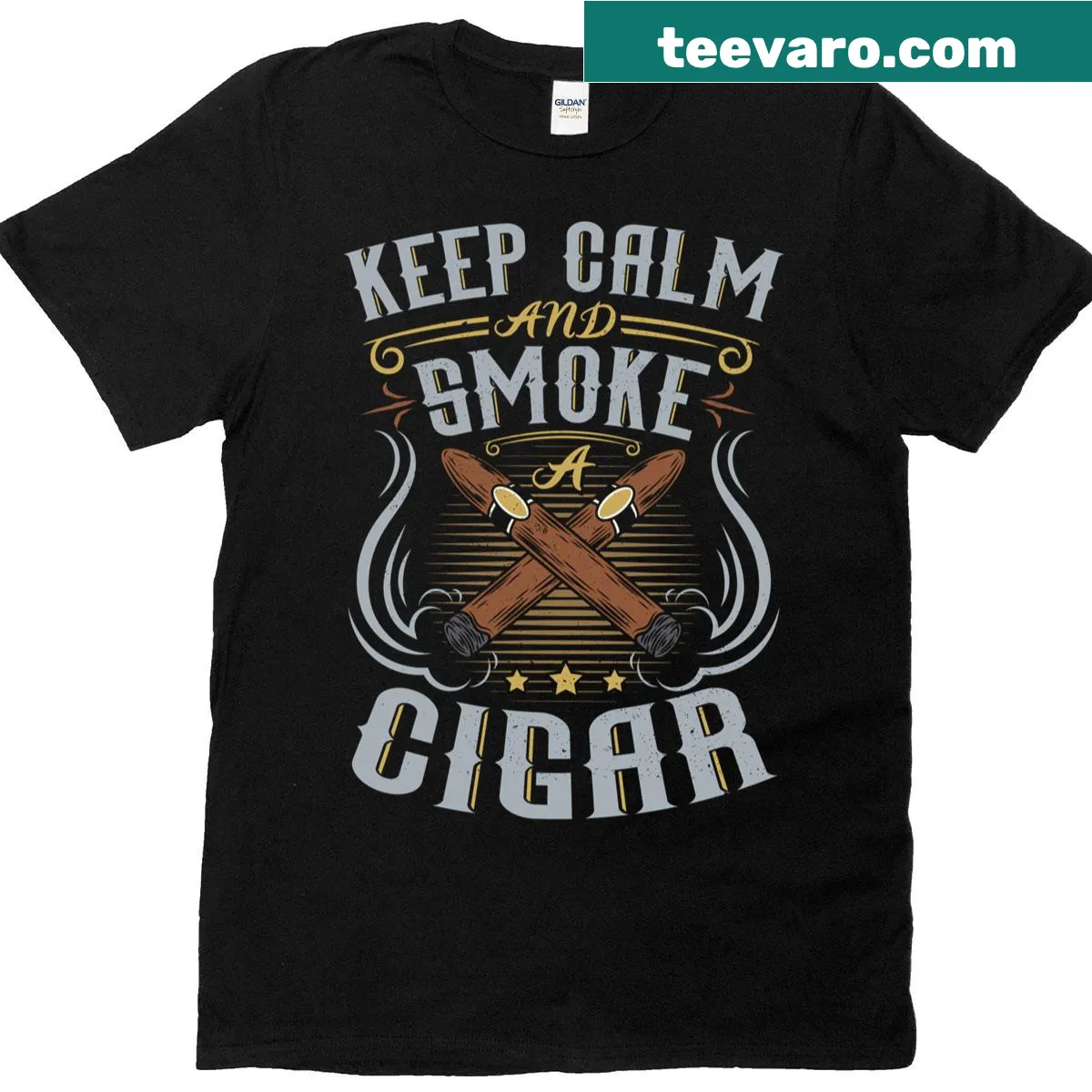 Playful t-shirt with 'Keep Calm Smoke A Cigar' illustration — on a men's t-shirt
