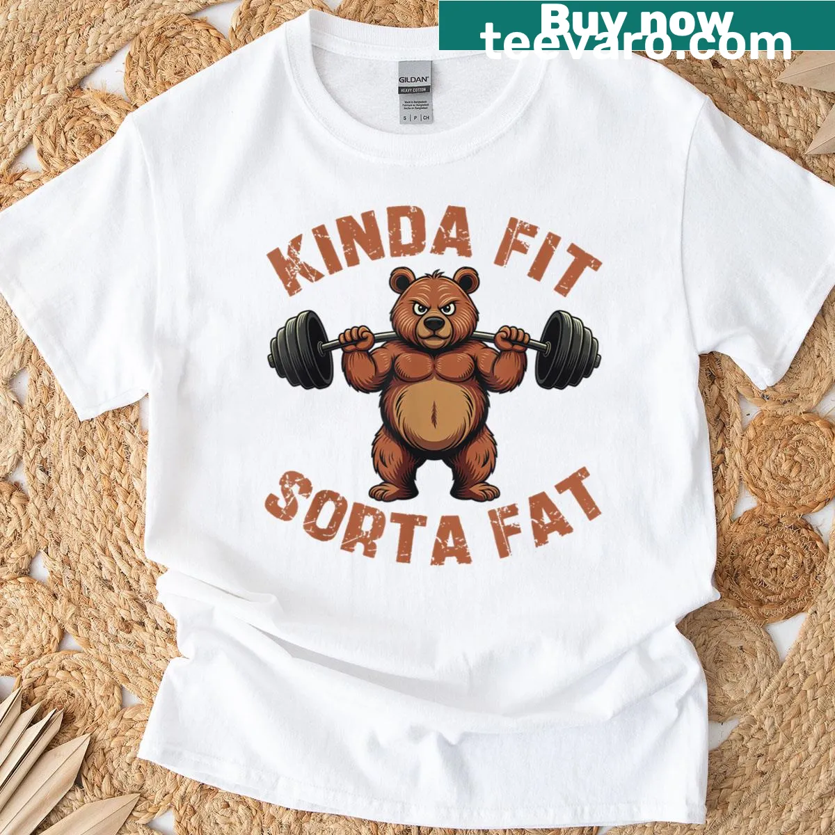 Funny bear graphic with 'Kinda Fit Sorta Fat' text on T-shirt — on a men's t-shirt