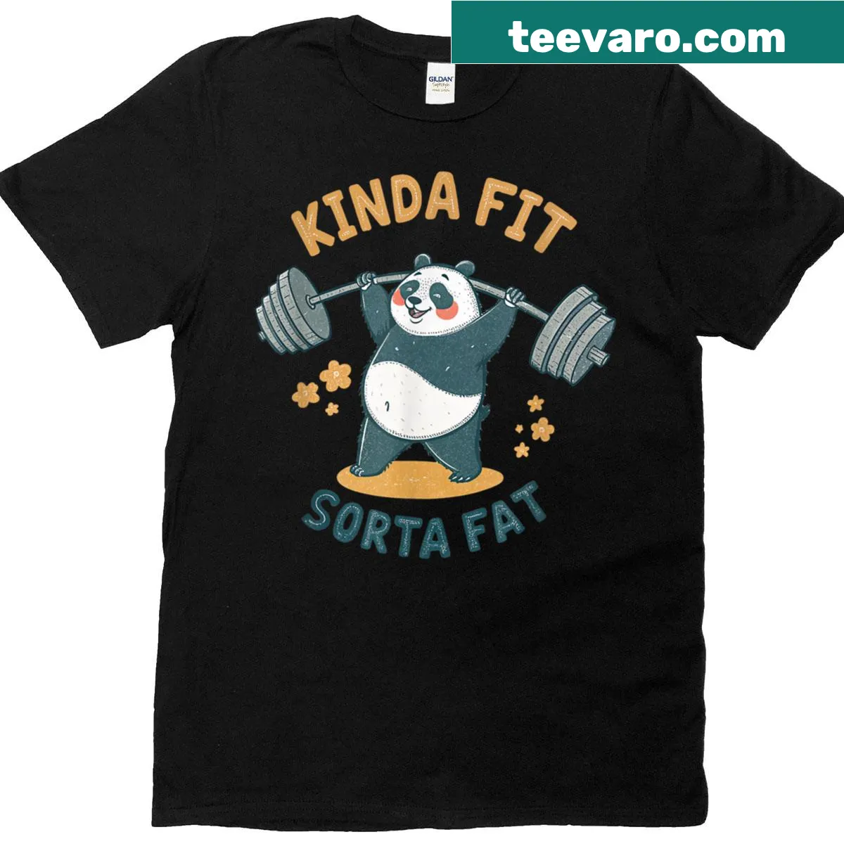 Panda lifting weights illustration with 'Kinda Fit Sorta Fat' text — on a men's t-shirt