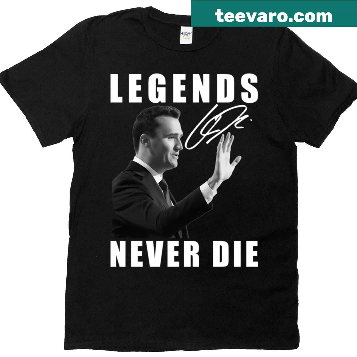 Legends Never Die Charlie Kirk Signature t-shirt — on a men's t-shirt