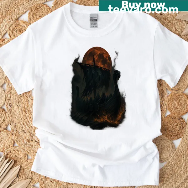 Illustration of a haunted Viking longship on a T-shirt