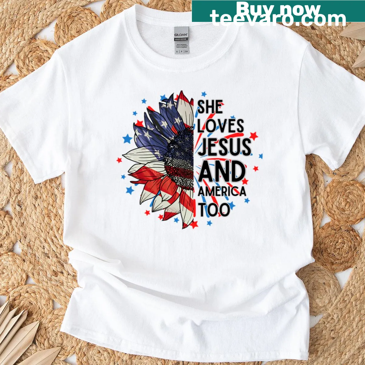 Love Jesus and America Too T-shirt with inspiring text — on a men's t-shirt