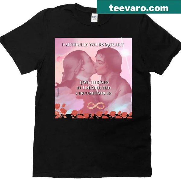 Couple's shirt featuring 'Love Thrives Wolfgang X Constanze' in elegant typography