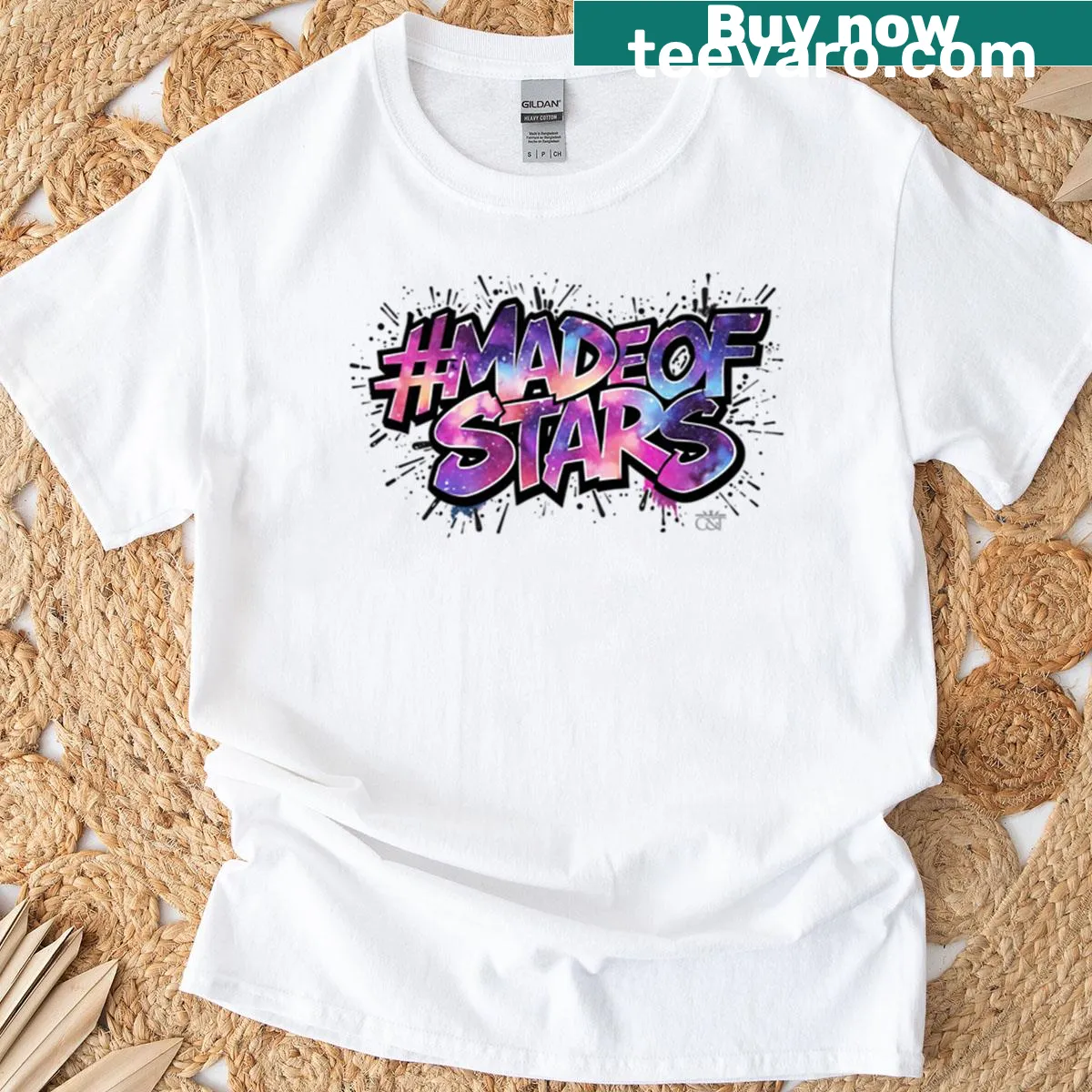 Graffiti style T-shirt with bold Madeofstars graphic design — on a men's t-shirt