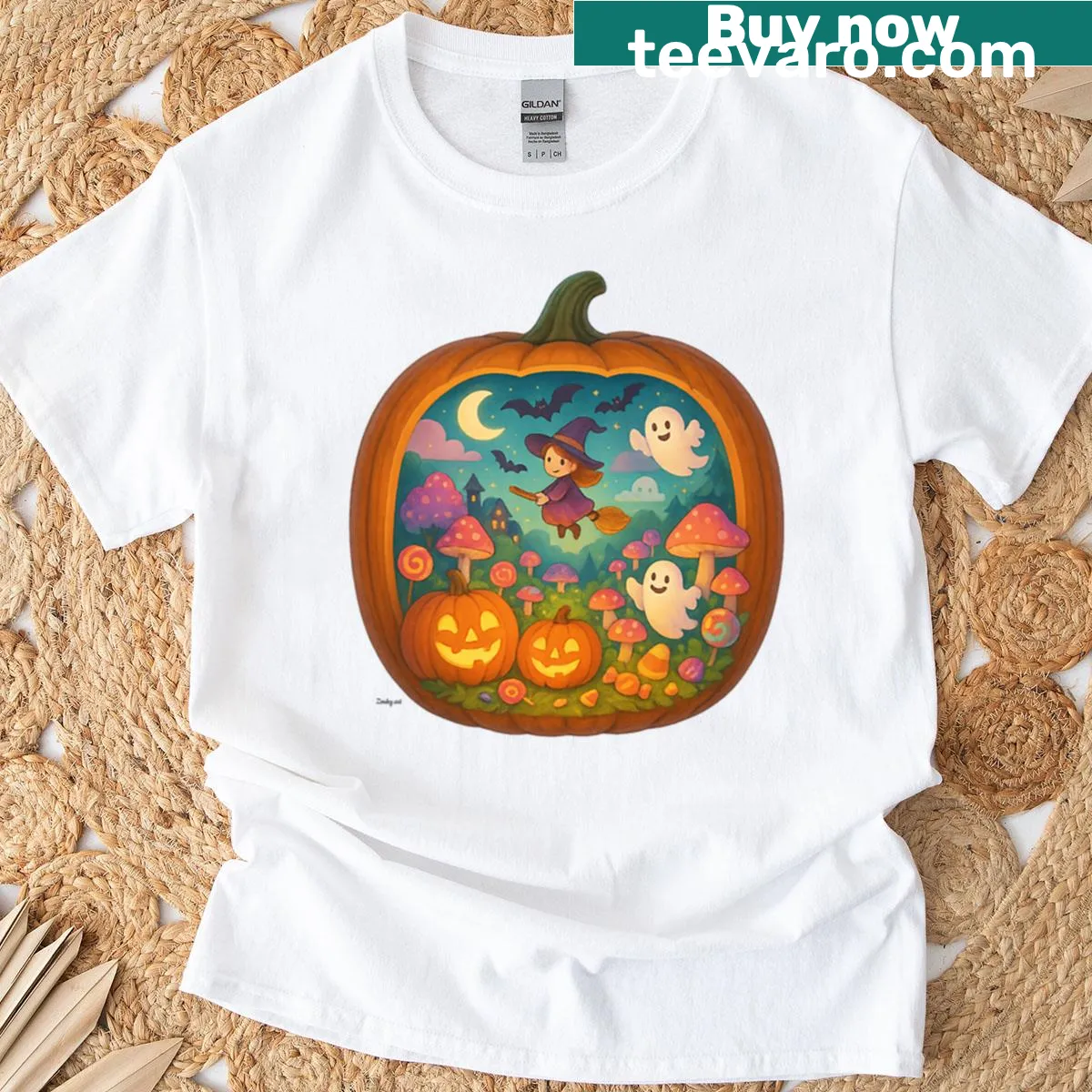 Illustrated pumpkin with flying witch graphic on T-shirt — on a men's t-shirt