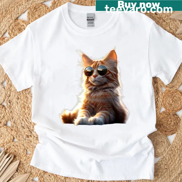 Cartoon Maine Coon cat wearing sunglasses on a cute t-shirt
