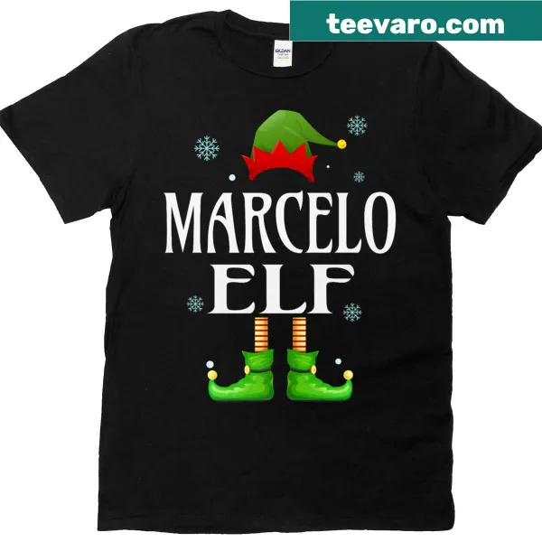 Funny Christmas T-shirt with 'Marcelo Elf' text designed for men.