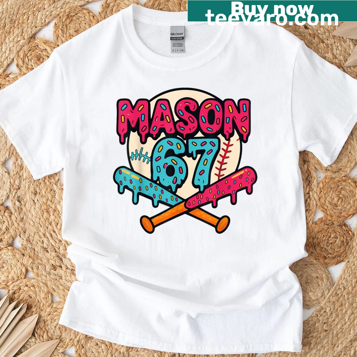 Funny ice cream drip graphic on baseball-themed T-shirt — on a men's t-shirt