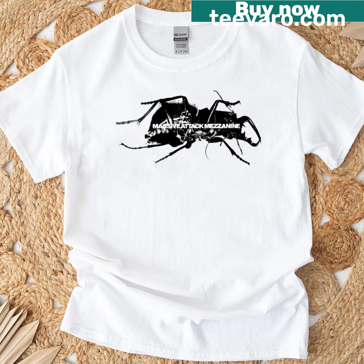 Illustrative T-shirt inspired by Massive Attack's Mezzanine album design — on a men's t-shirt