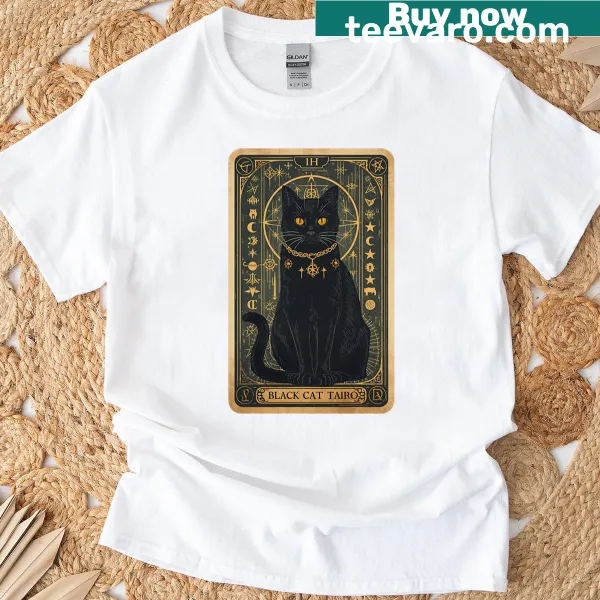 Illustrated black cat with tarot cards on a medieval themed t-shirt