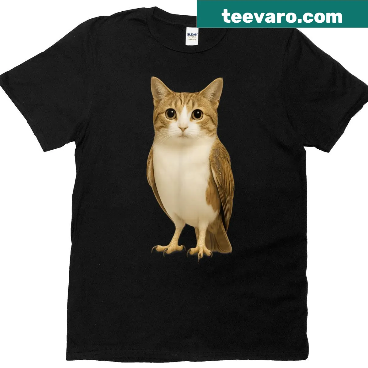 Funny cat and owl meme graphic on a t-shirt — on a men's t-shirt