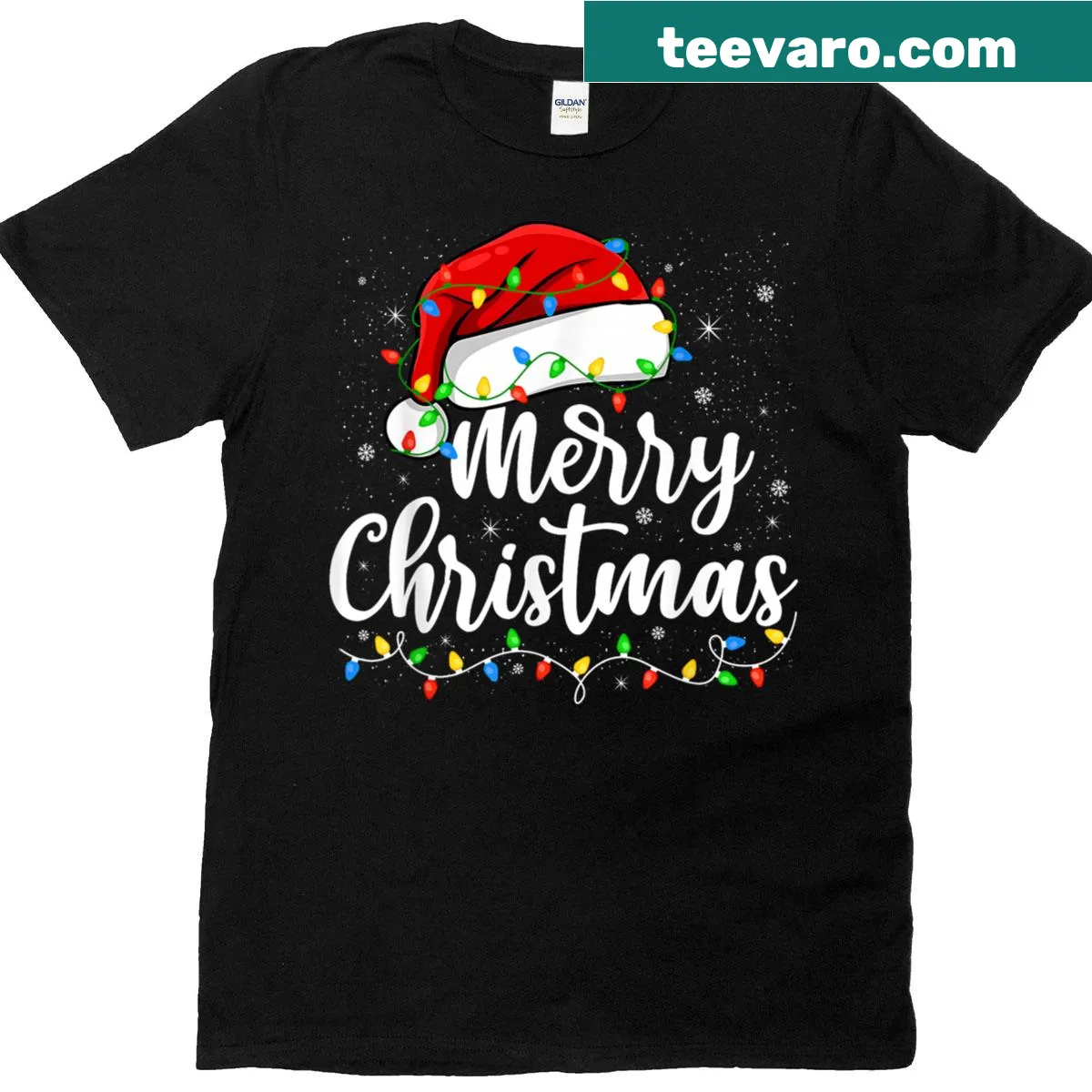 Festive Christmas t-shirt with Santa hat and Xmas lights — on a men's t-shirt