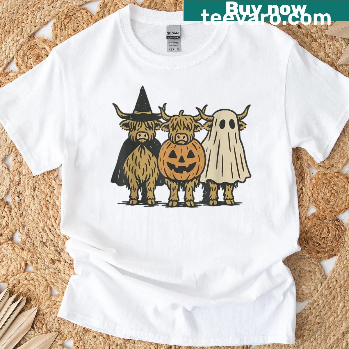 Halloween t-shirt featuring a ghost Highland cow — on a men's t-shirt