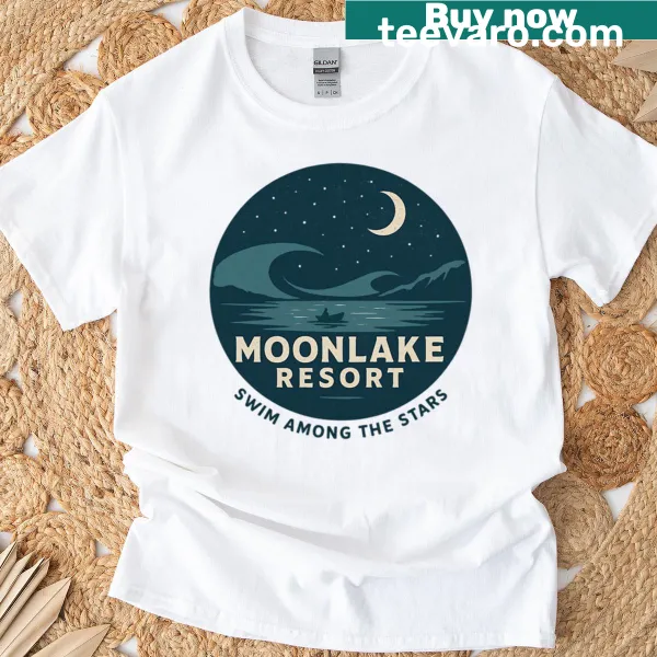 Vintage design of a night sky over Moonlake Resort on T-shirt