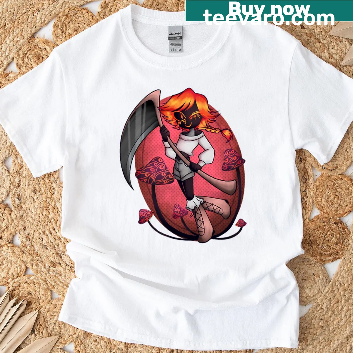 Unique graphic of a reaper with mushrooms on a T-shirt — on a men's t-shirt
