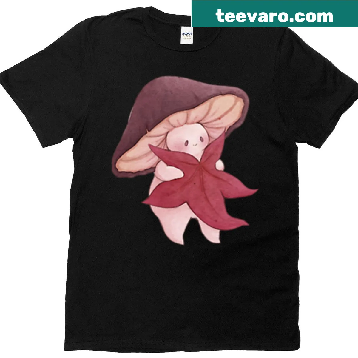 Charming mushroom and autumn leaf illustration T-shirt — on a men's t-shirt