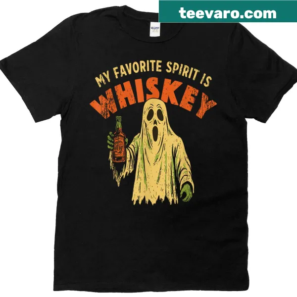 T-shirt with 'My Favorite Spirit Is Whiskey' playful text.