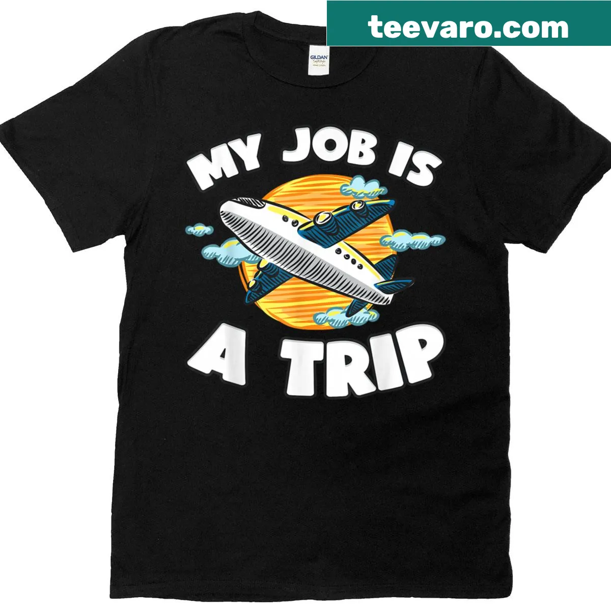 Flight attendant t-shirt stating 'My Job Is A Trip'. — on a men's t-shirt