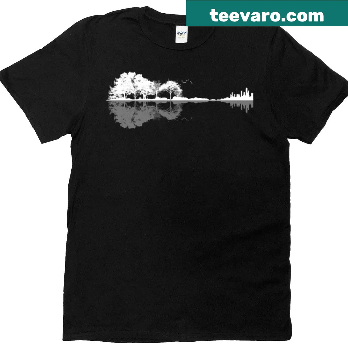 Nature-themed t-shirt featuring a guitar graphic for music lovers. — on a men's t-shirt