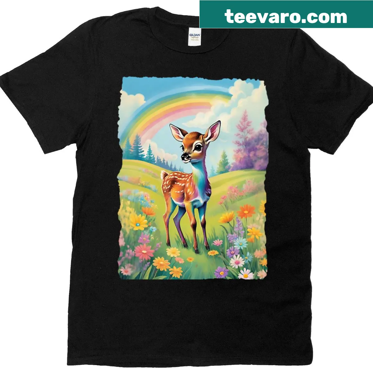 Illustrated T-shirt featuring a new fawn at dawn in nature — on a men's t-shirt