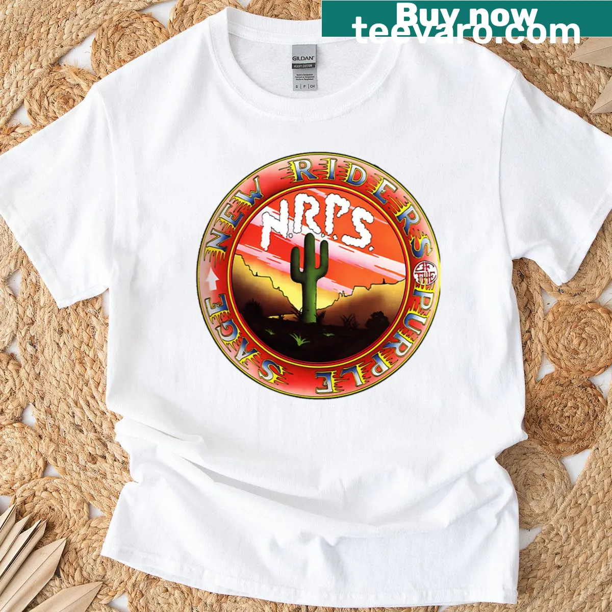 T-shirt featuring the name of the band New Riders of the Purple Sage — on a men's t-shirt