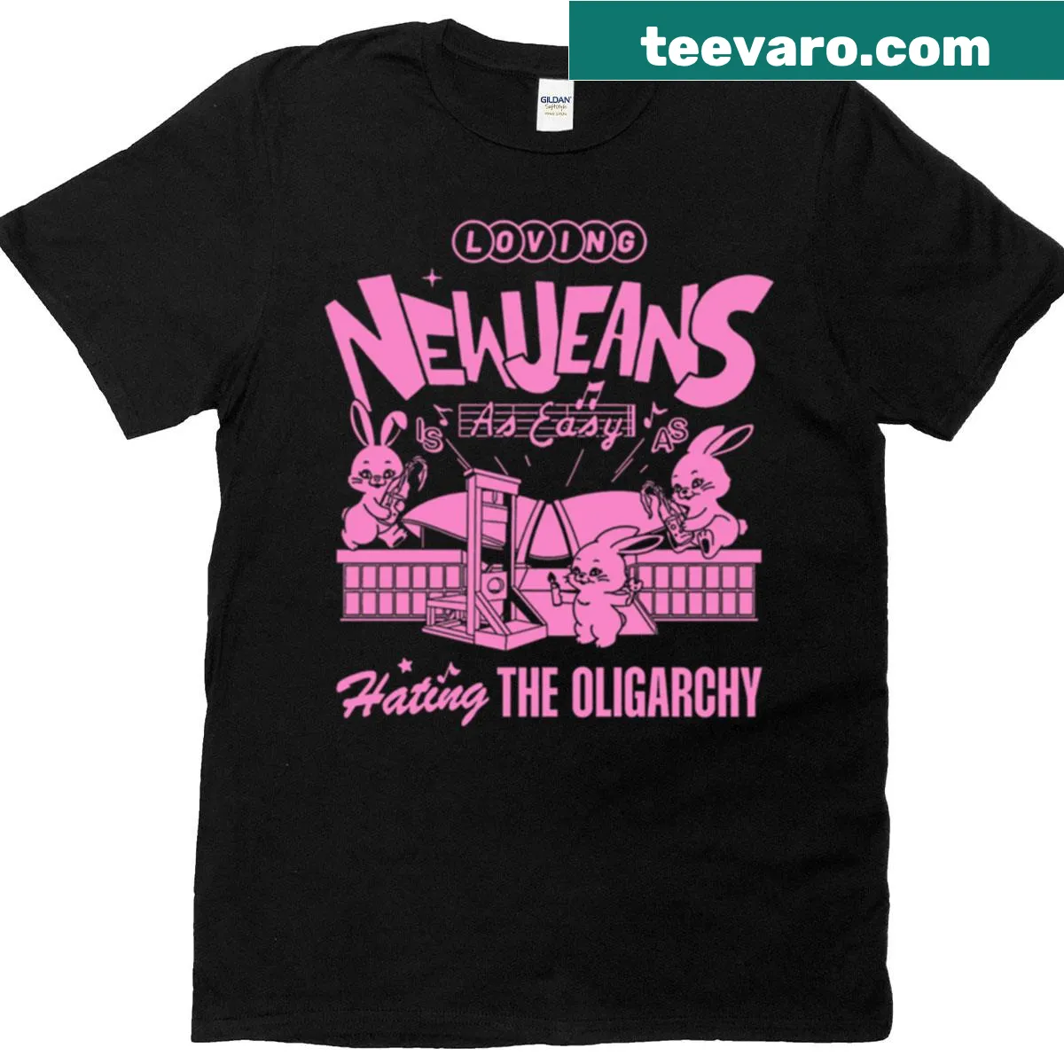 Bold Newjeans graphic T-shirt expressing anti-oligarchy sentiment — on a men's t-shirt