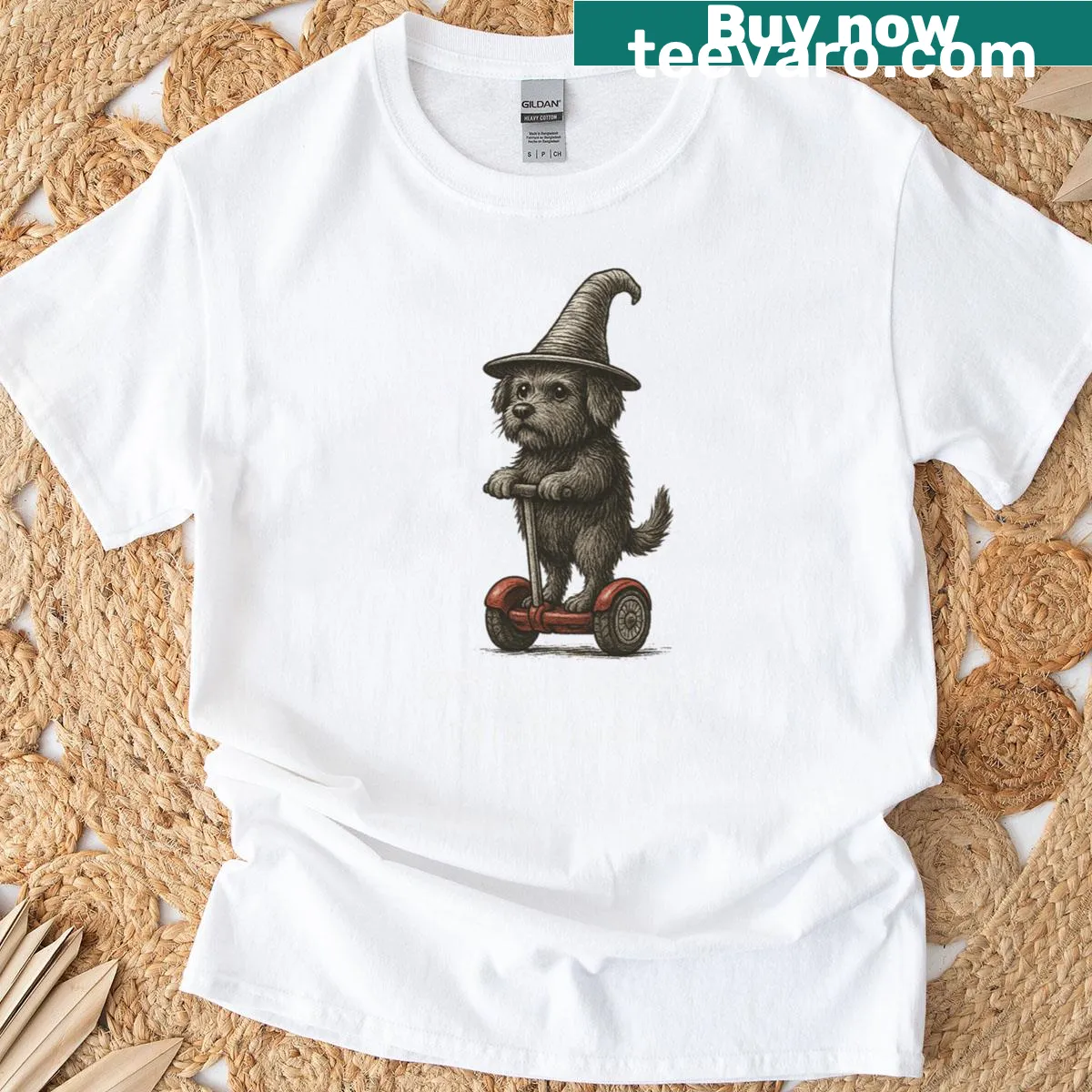 Funny t-shirt featuring a witch dog design — on a men's t-shirt