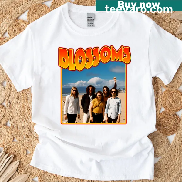 Illustrative beach scene featuring an indie band on a t-shirt