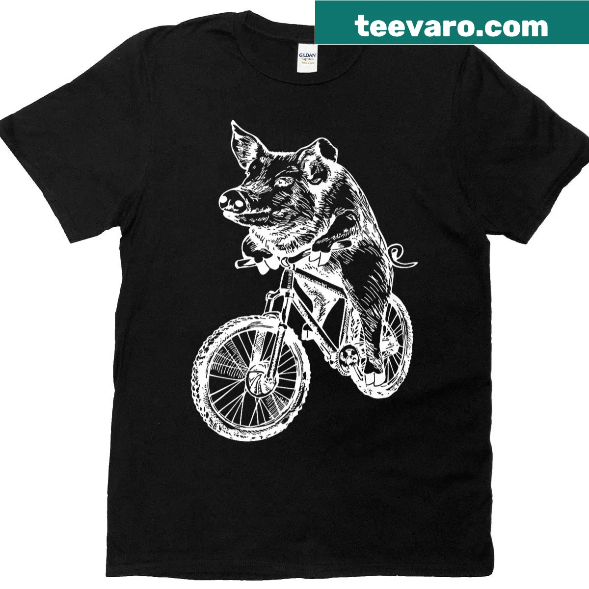 Funny pig riding bicycle cartoon t-shirt — on a men's t-shirt