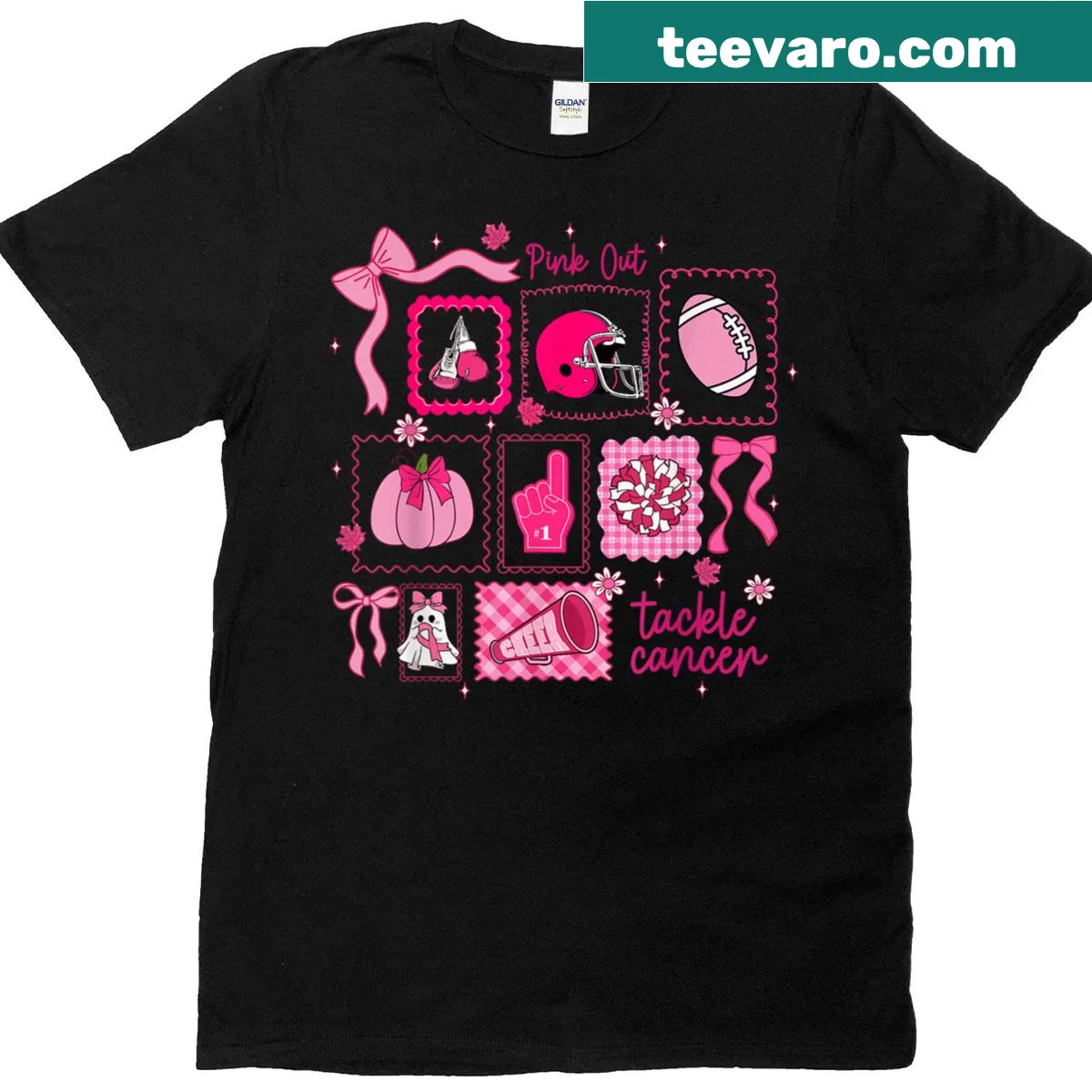 American football shirt with bold breast cancer awareness text — on a men's t-shirt