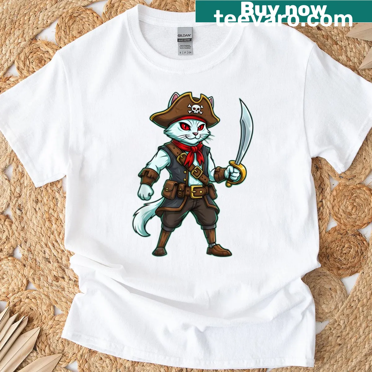 Cartoon pirate cat graphic for Halloween t-shirt — on a men's t-shirt