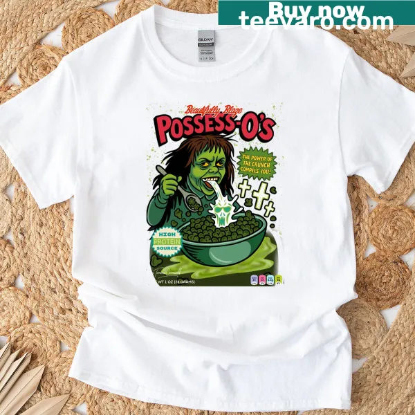 Cartoon horror cereal art shirt depicting a cute, creepy breakfast scene