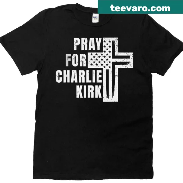 Cross design and American flag with 'Pray For Charlie Kirk' text