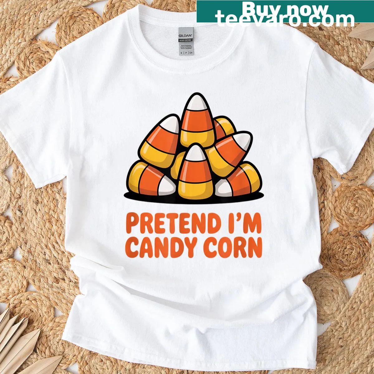Couples t-shirt with candy corn graphics and humorous text for Halloween — on a men's t-shirt