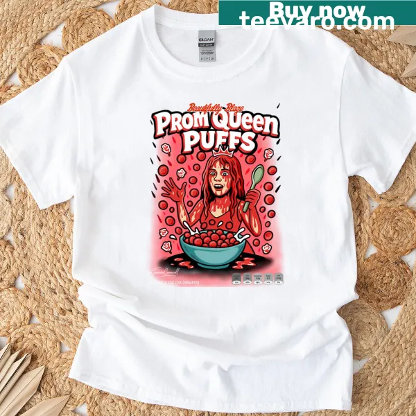 Horror-inspired T-shirt featuring prom queen and cereal art design
