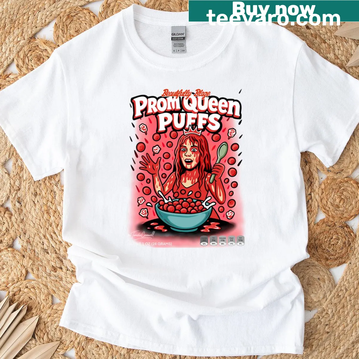 Horror-inspired T-shirt featuring prom queen and cereal art design — on a men's t-shirt